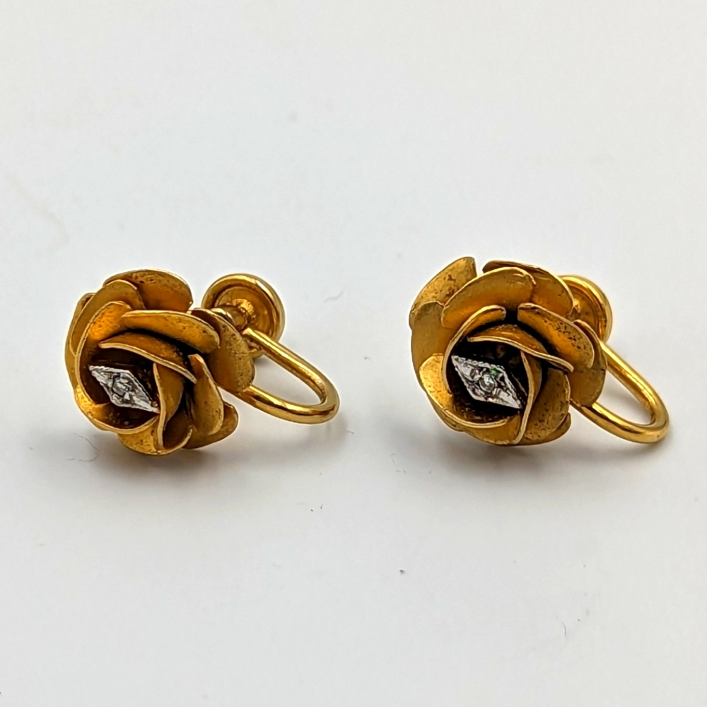 12K CRO Gold Filled Flower Earrings Diamond Chips/Pave Screw Back Marked Vintage